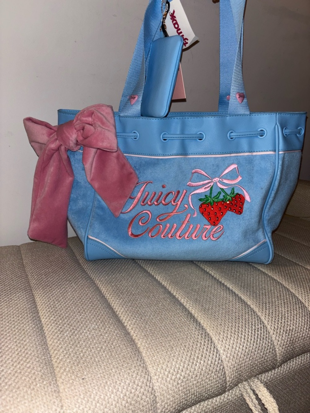 Juicy Couture Blue & Pink Strawberry Tote with Bow
